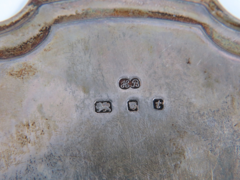 A small silver salver card tray with piecrust edge and standing on three foliate feet. Hallmarked - Image 4 of 4