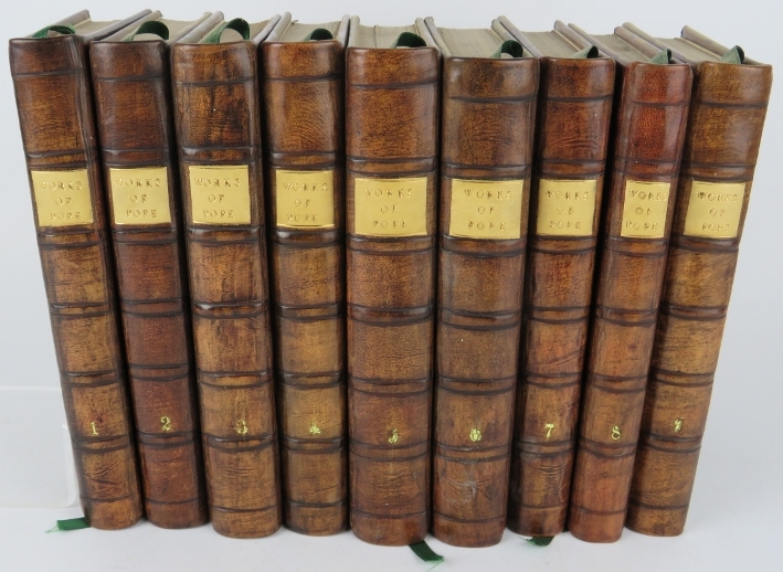 Nine volumes: The Works of Alexander Pope Esq, 1751, published by Mr Warburton. Re-bound in full - Image 2 of 2