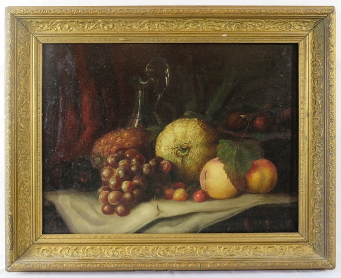 A framed oil on canvas, 'still life fruit on a table', beautifully painted. 36cm x 48cm (14" x