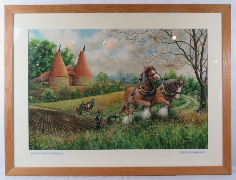 Clifford S Perry - A framed & glazed watercolour, 'Horses ploughing by Oast House, Ightham Mote