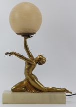 A vintage Art Deco gilt spelter figural table lamp. Modelled as a female dancer holding a
