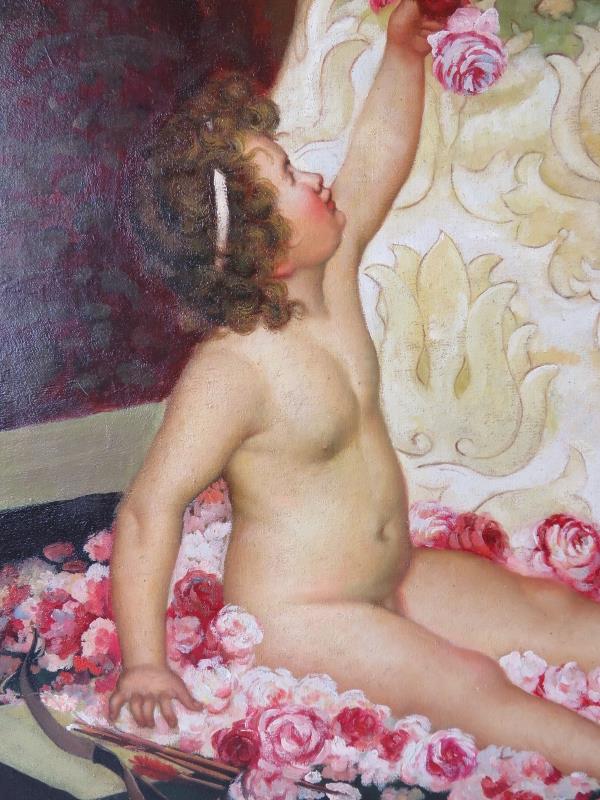 After William Henry Margetson (1861-1940) - 'Cupid offering a rose', unsigned. 90cm x 71cm (35 1/ - Image 4 of 6