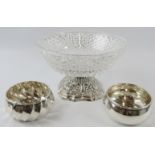 Two small .800 silver bowls and a sterling silver mounted glass fruit bowl. Weighable silver 92