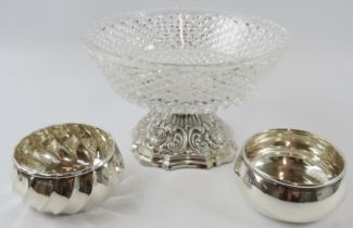 Two small .800 silver bowls and a sterling silver mounted glass fruit bowl. Weighable silver 92