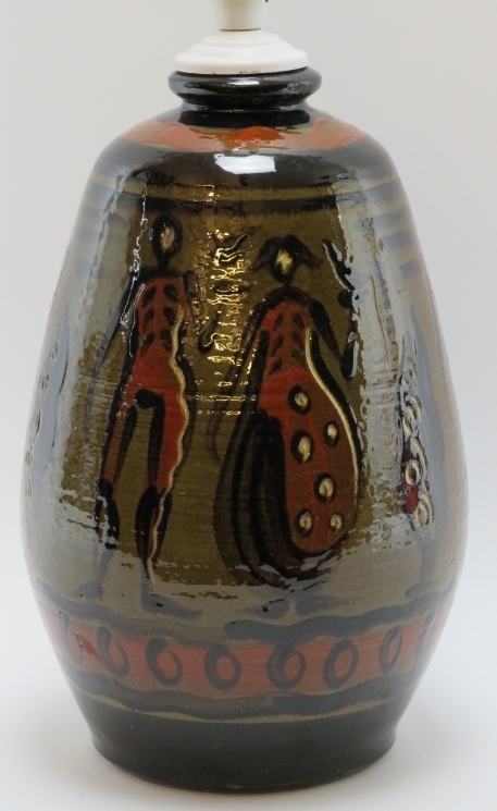 A European studio pottery table lamp, mid 20th century. Hand painted with a continuous scene - Image 2 of 4