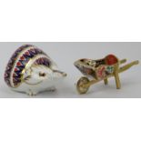 A Royal Crown Derby hedgehog paperweight and a model of a wheelbarrow. (2 items) 11.5 cm length,