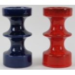 Two West German hooped red and blue ceramic candlesticks designed by Carlo Zalloni for Steuler,