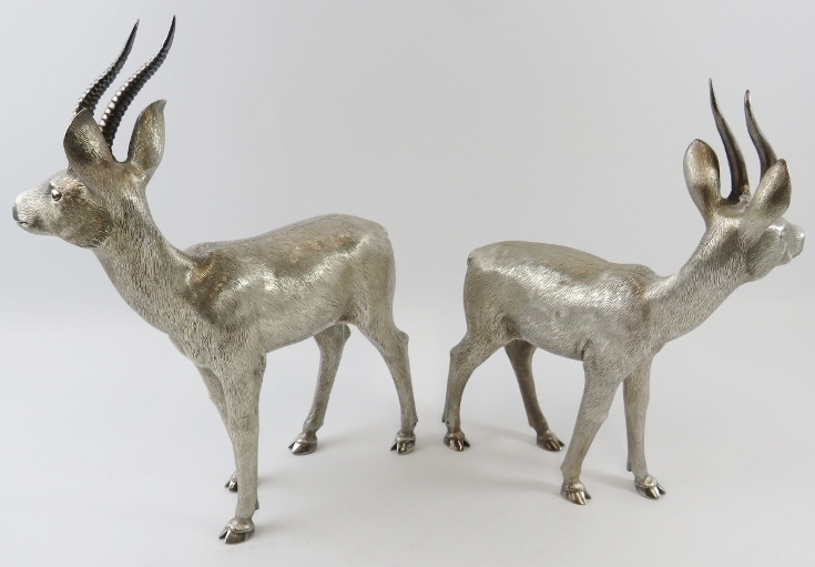 A superb pair of mid-century French solid silver antelope figures by Bry of Paris. Each figure is - Image 2 of 3