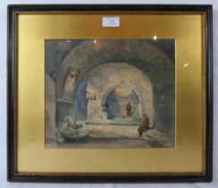 A framed & glazed watercolour, 'Study of monks in a monastery', signed mono EB & dated 1892. 25cm