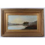 Charles Leslie (1835-1890) - A framed oil on canvas, 'Lake scene with hills beyond with man and