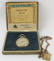 A Waltham Colonial yellow metal pocket watch, with engraved open face, seconds wheel, slimline,