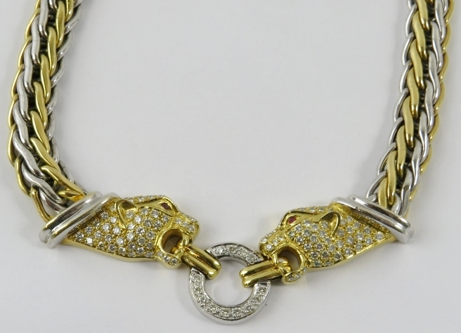 A Cartier style ruby and diamond set white and yellow precious metal gold Leopard/Panther collar - Image 2 of 7