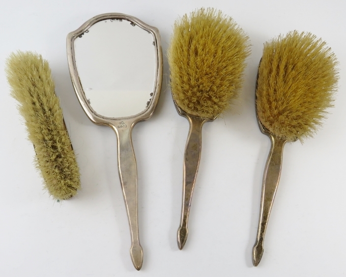 A four piece silver enamelled Art Deco vanity set with green hard stone mounts. Hallmarked for - Image 2 of 4