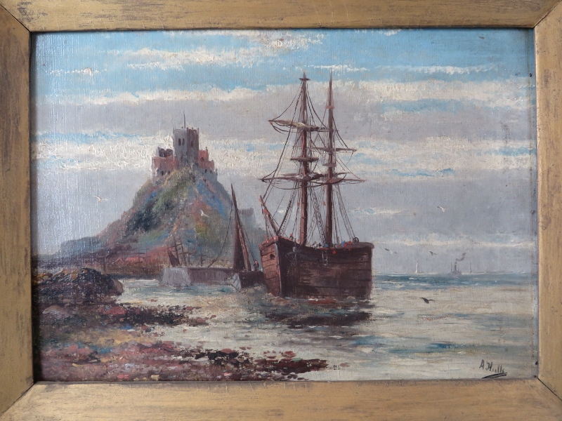 A Hulls (19th century) - Gilt framed oil on canvas, 'Ship moored off the coast with steam ship in - Image 2 of 5