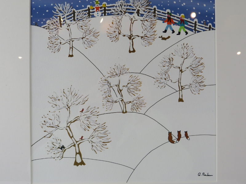 Gordon Barker (British) - A framed & glazed acrylic on paper, 'People walking in the snow being - Image 2 of 4