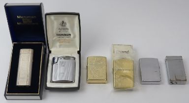 A group of vintage lighters. Makers include Ronson, Colibri, Maruman, Zippo and Champ. (6 items).