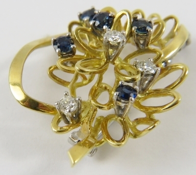 A pretty sapphire and diamond abstract floral brooch, set in yellow and white metals testing as 18ct - Image 2 of 4