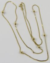 A yellow precious metal bead chain necklace, 62cm long, with bolt ring clasp total weight 3.8gms.