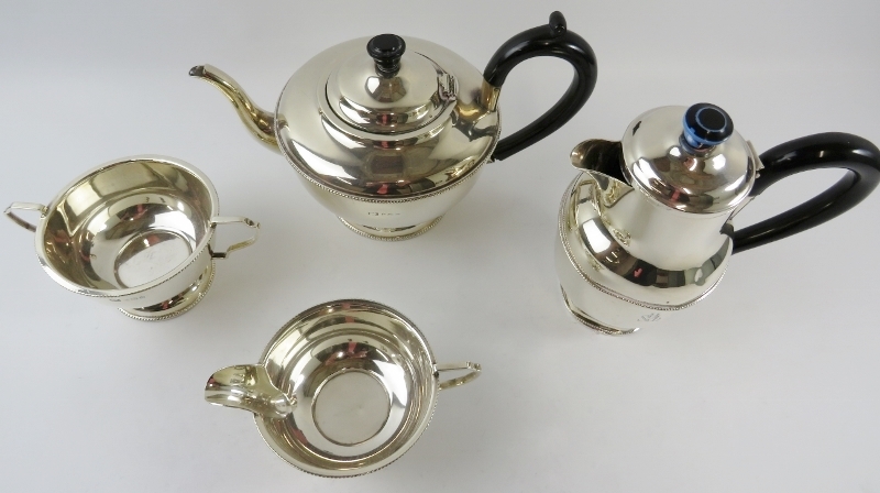 Four piece 1930s silver tea set with beaded decoration and bakelite handles. Hallmarked for - Image 2 of 5