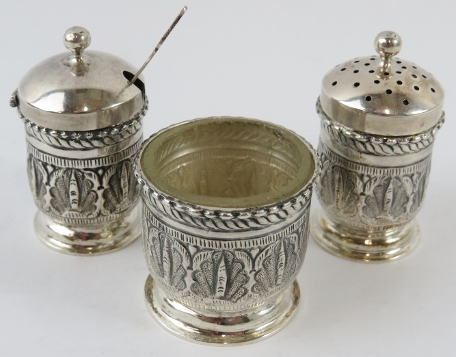 A pair of white metal handled poultry shears, a similar button hook, three piece Eastern cruet and - Image 2 of 3