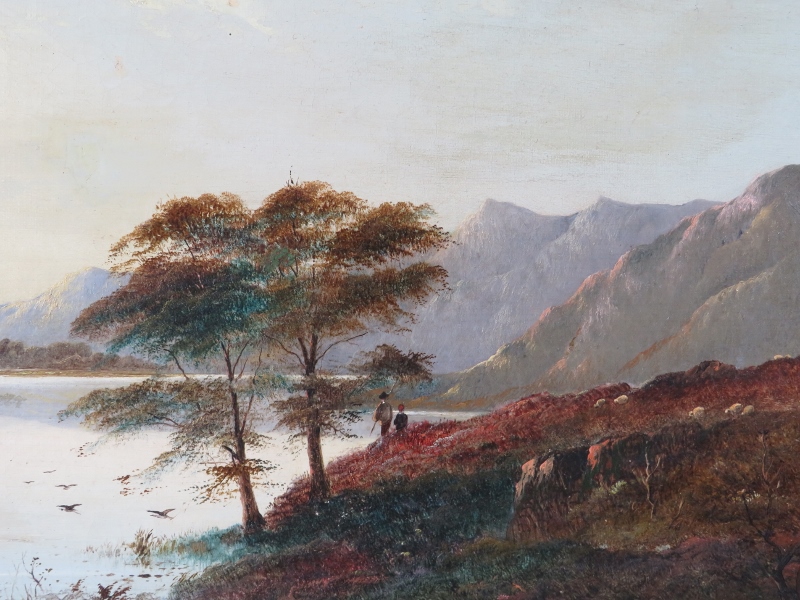 Charles Leslie (1835-1890) - A framed oil on canvas, 'Lake scene with hills beyond with man and - Image 3 of 7