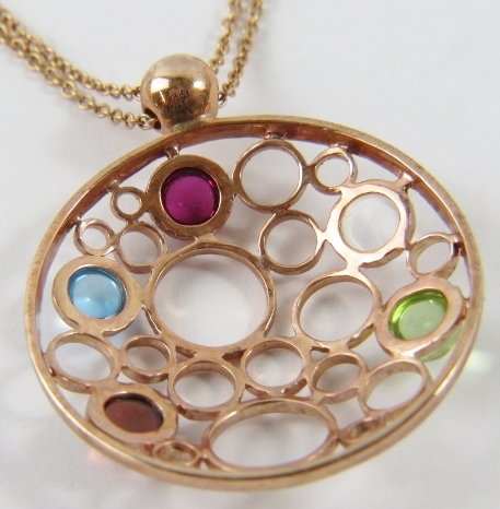 A multi-gem cabochon set ‘bubble’ pendant in precious rose gold, to include topaz, tourmaline, - Image 3 of 3
