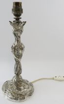 Cast white metal Art Nouveau lamp base, bears maker's mark VS with galleon. Height 31cm, gross