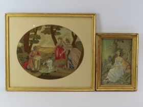 Two Georgian period silk woven and painted figural scenes. Framed and glazed. 34 cm x 41 cm, 29 cm x