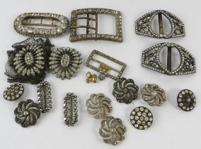 Two 19th century paste buckles and a smaller marcasite buckle. Condition report: Slight surface