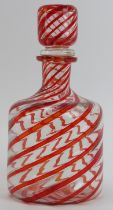 A clear and red spiralled glass decanter by Fratelli Toso for Murano, 20th century. 17.3 cm