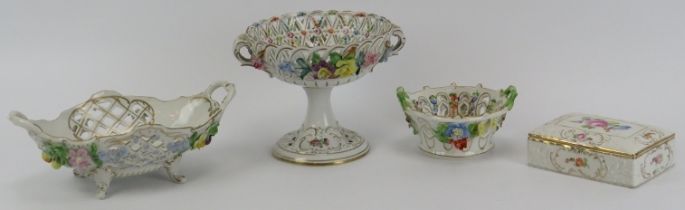 Four German Dresden Porcelain wares, early 20th century. Comprising two twin handled baskets, a
