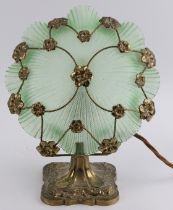 A vintage gilt metal and green glass lotus pad table lamp, early/mid 20th century. Decorated with