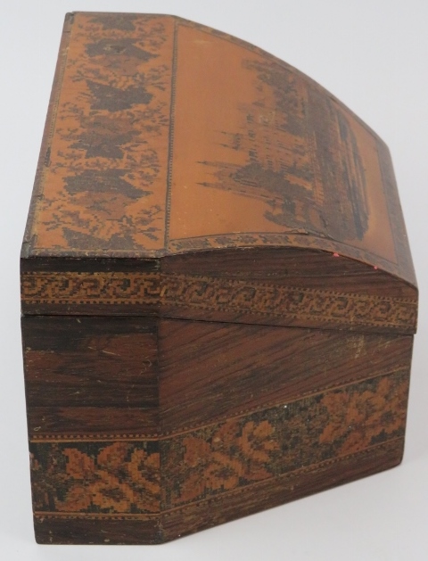 A Tunbridge ware parquetry inlaid letter rack box, late 19th/early 20th century. The hinged cover - Image 4 of 5