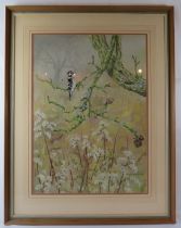 Michelle Bennett Oates (1928-2009) - A framed & glazed watercolour, 'Woodpecker on a branch with