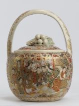 A Japanese satsuma container jar and cover, Meiji period. Profusely decorated with figural scenes to