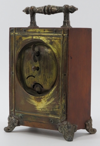 A Victorian oak mantle clock, circa 1889. Design reg: 134844. With silver plated handle, embossed - Image 3 of 5