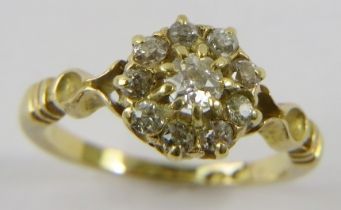 A last Victorian 18ct yellow gold diamond cluster ring, the old cut diamonds total estimated