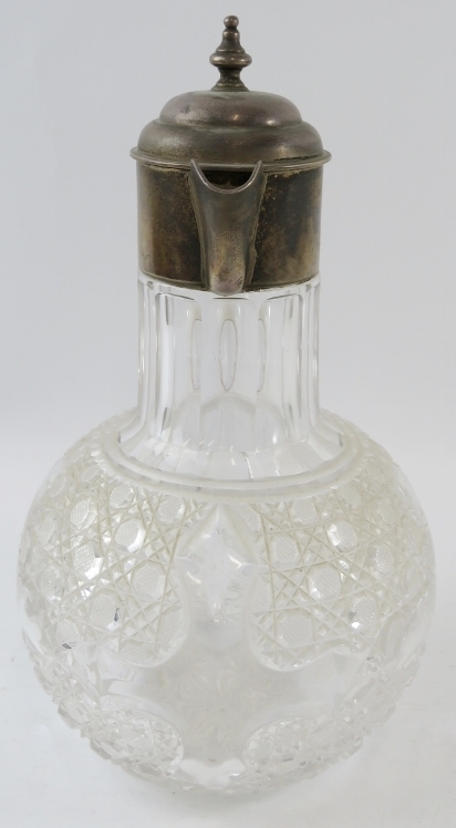 A late Victorian silver mounted cut glass claret jug, hobnail cut with gothic crosses. Hallmarked - Image 2 of 4
