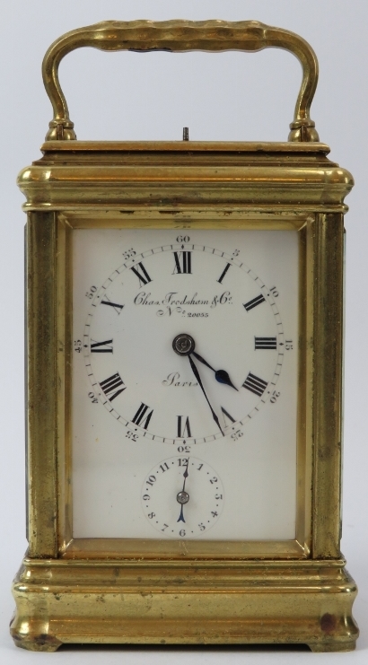 A Charles Frodsham brass repeater carriage clock with alarm, late Victorian/Edwardian period. Dial