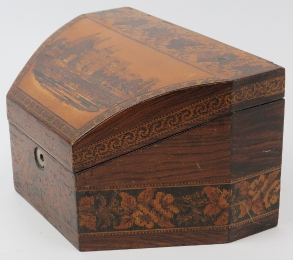 A Tunbridge ware parquetry inlaid letter rack box, late 19th/early 20th century. The hinged cover - Image 2 of 5