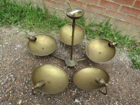 A large vintage Art Deco style brass pendant light fitting, having five branches with adjustable