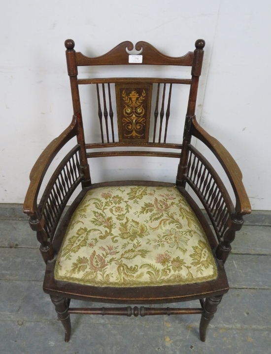An Edwardian mahogany elbow chair, having marquetry inlaid back panel and turned spindles, above a - Image 3 of 3