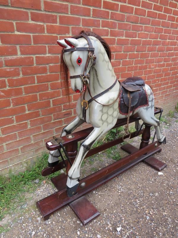 A vintage dapple-grey rocking horse, with real horsehair mane and tail and leather saddle and - Image 2 of 3