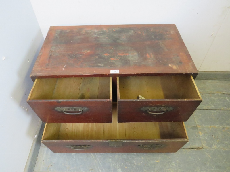 An antique Meiji Period Japanese tansu chest, having two short above one long drawer with pierced - Image 3 of 3