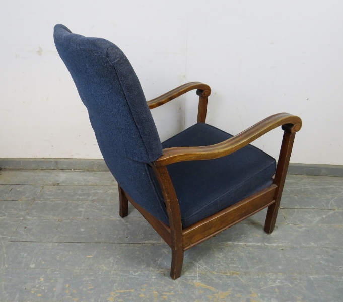 An Art Deco Period walnut open-sided armchair, upholstered in navy material, the shaped and scrolled - Image 3 of 3