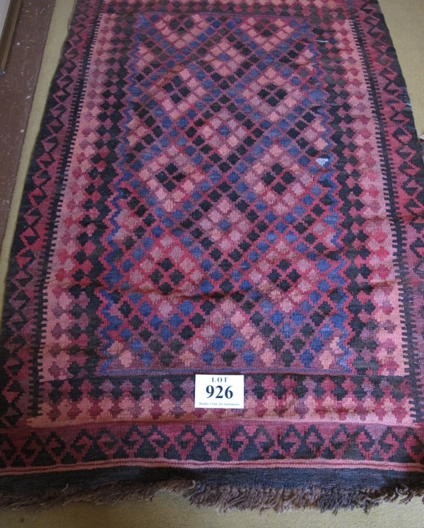 A mid 20th Century Kilimi rug diamond pattern in blue, pink and dark brown 170 x 104cms Condition