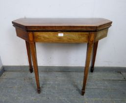 A George III mahogany and satinwood octagonal folding card table, crossbanded