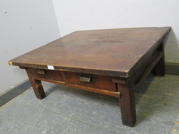 A vintage Japanese fruitwood low coffee table, housing two short drawers with brass scalloped - Image 2 of 3