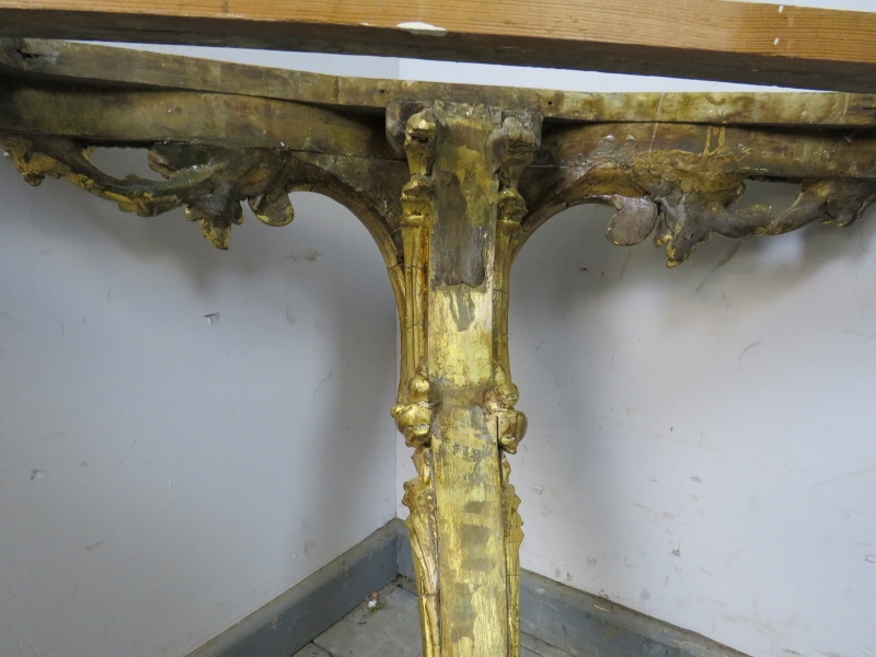 A 19th century French giltwood console table, the loose white marble top on a giltwood base with - Image 5 of 5