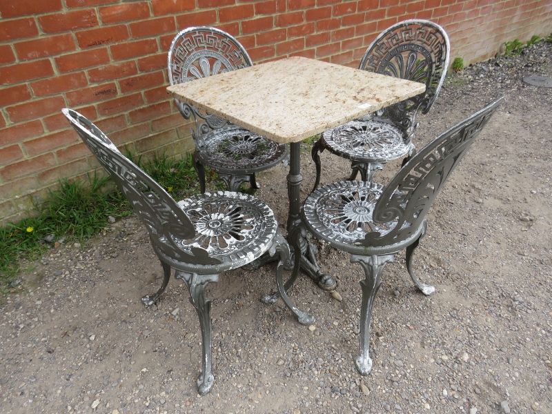 A vintage five-piece garden set painted metallic grey comprising a marble-topped square table on a - Image 2 of 3